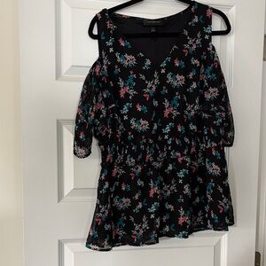 Lane Bryant Black Blouse with Colorful Floral Design